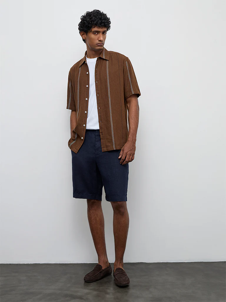 Ascot Navy Relaxed-Fit Mid-Rise Linen Shorts