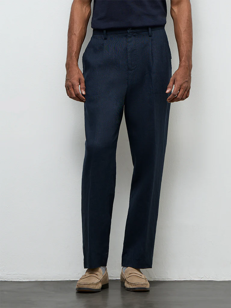 Ascot Navy Relaxed-Fit Mid-Rise Linen Trousers - Image 3