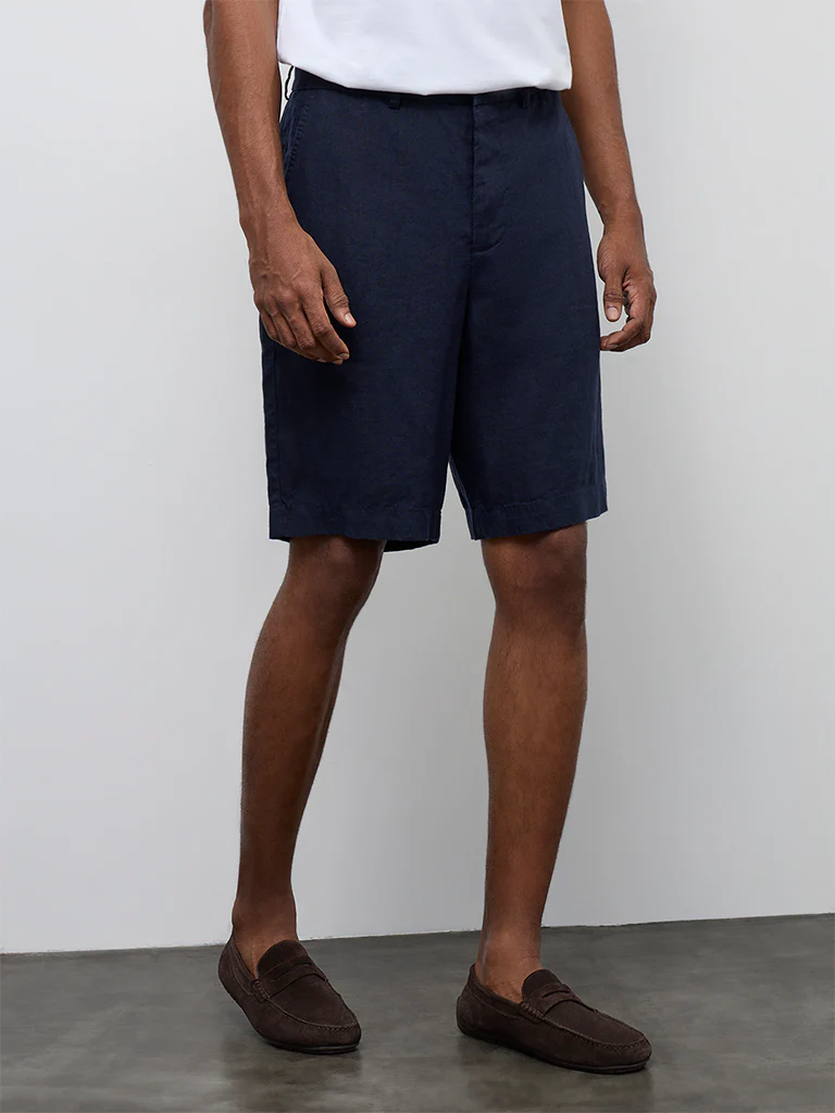 Ascot Navy Relaxed-Fit Mid-Rise Linen Shorts - Image 2