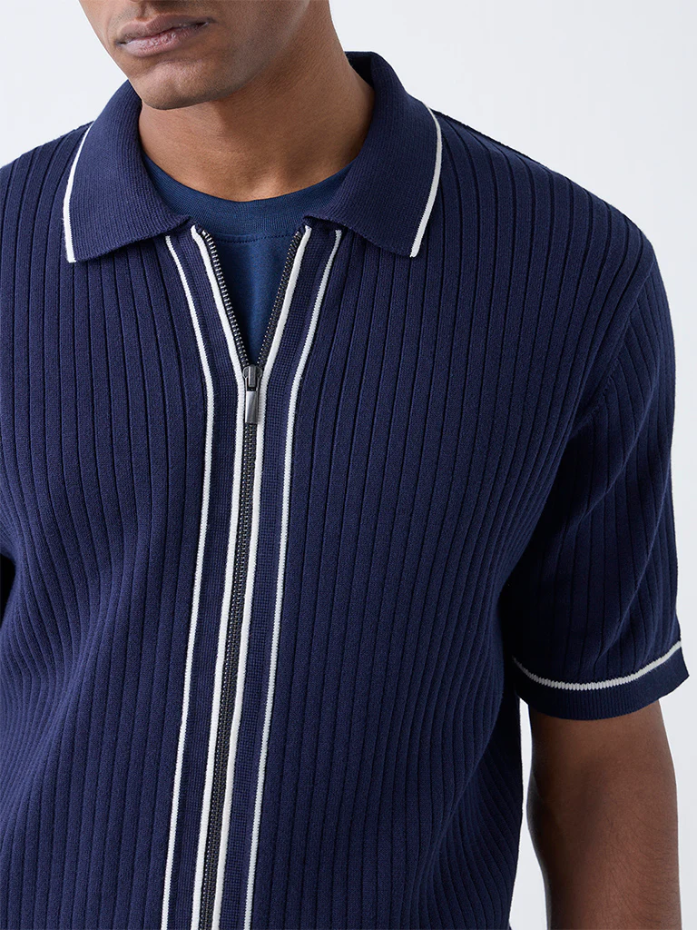 Ascot Navy Ribbed-Textured Relaxed-Fit Cotton-Blend T-Shirt - Image 4