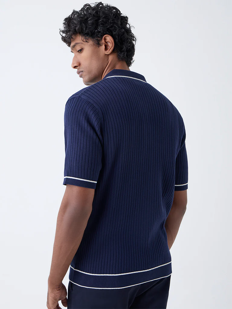 Ascot Navy Ribbed-Textured Relaxed-Fit Cotton-Blend T-Shirt - Image 5