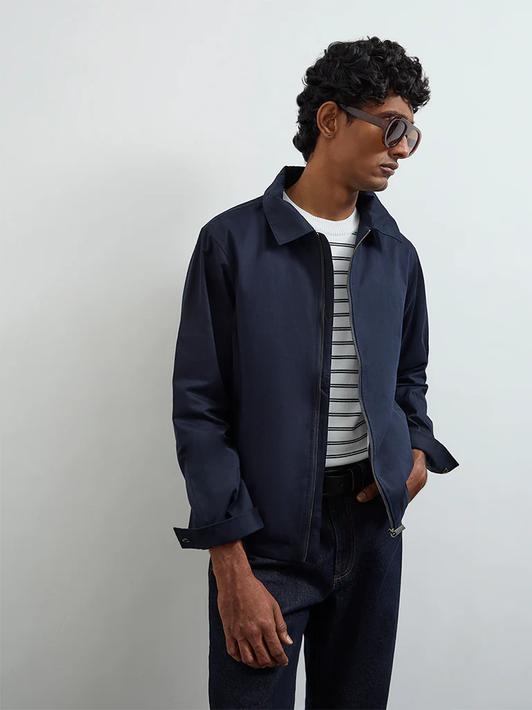 Ascot Navy Solid Relaxed-Fit Jacket