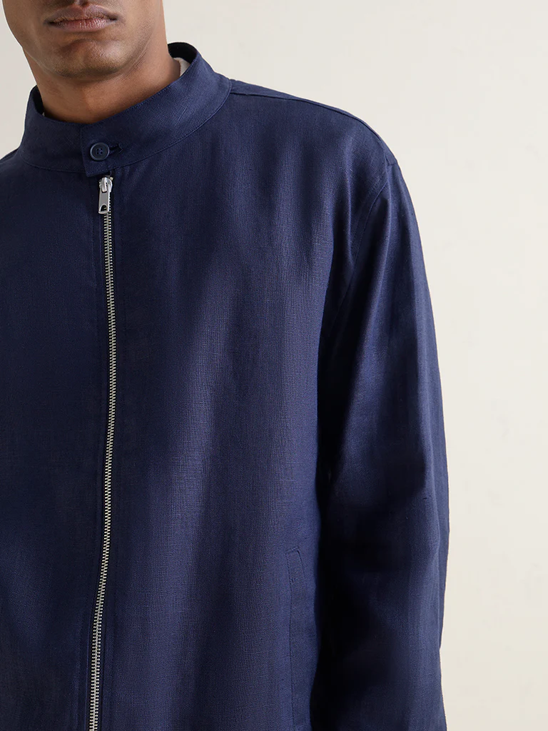 Ascot Navy Solid Relaxed-Fit Linen Jacket - Image 3