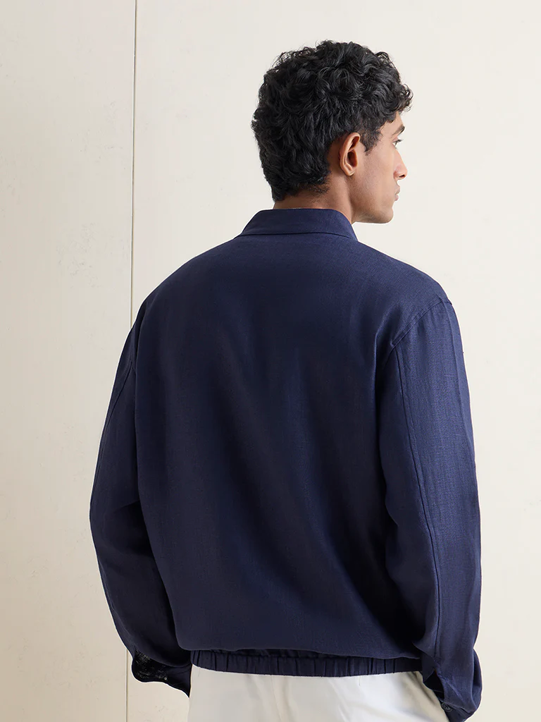 Ascot Navy Solid Relaxed-Fit Linen Jacket - Image 4