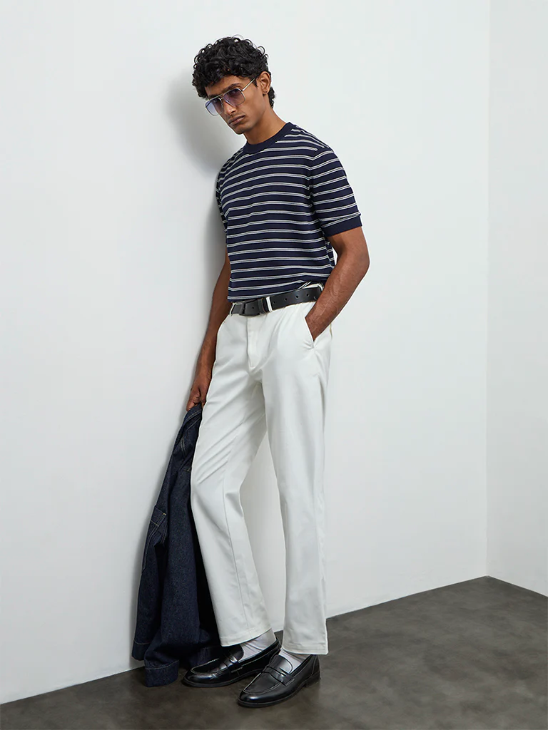 Ascot Navy Striped Printed Relaxed-Fit Cotton-Blend T-Shirt - Image 3
