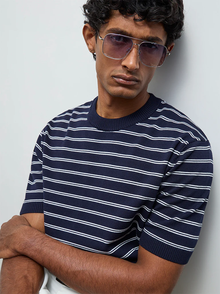 Ascot Navy Striped Printed Relaxed-Fit Cotton-Blend T-Shirt - Image 4
