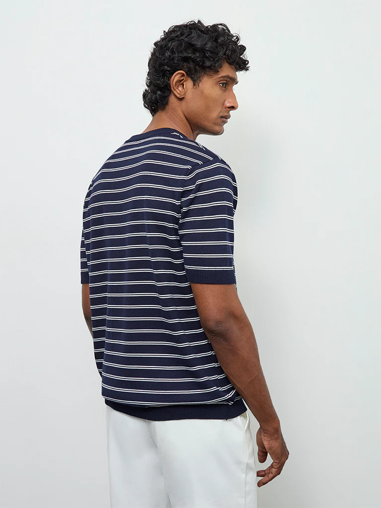Ascot Navy Striped Printed Relaxed-Fit Cotton-Blend T-Shirt - Image 5