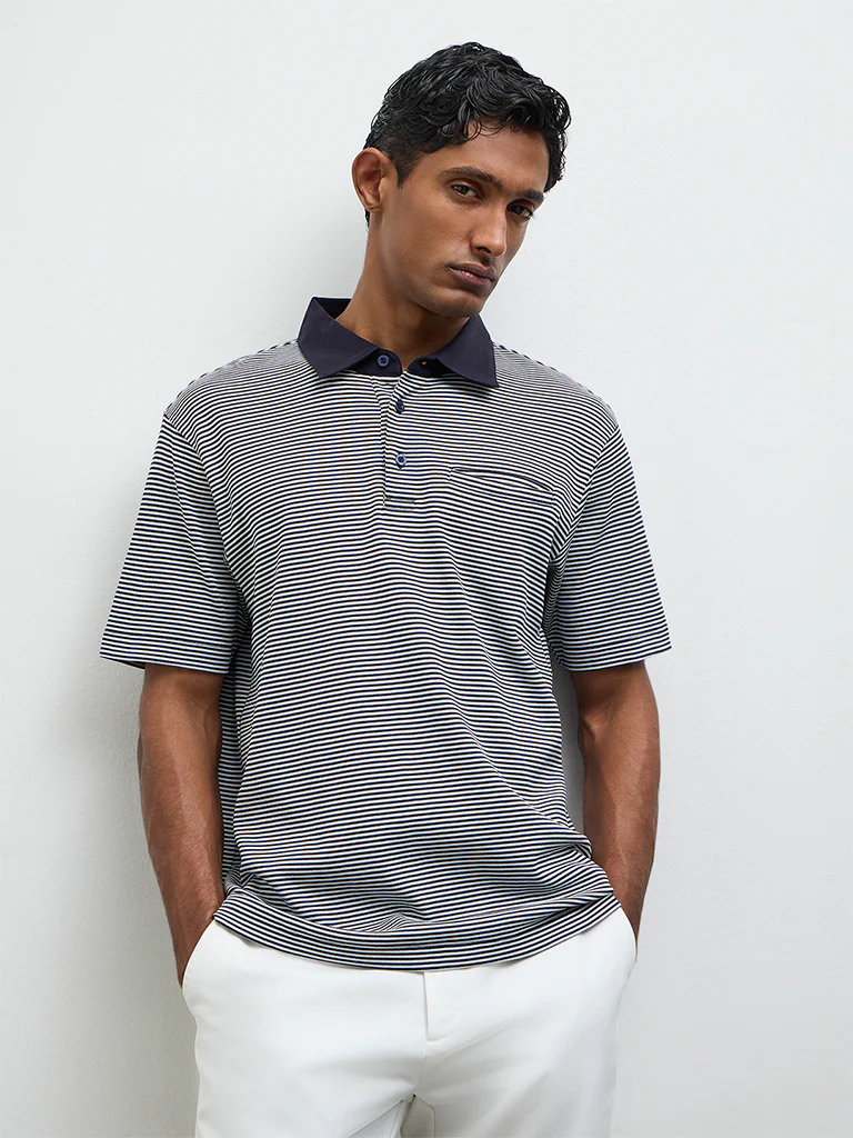 Ascot Navy Striped Relaxed-Fit Cotton Polo T-Shirt