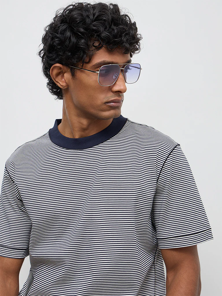 Ascot Navy Striped Relaxed-Fit Cotton T-Shirt - Image 4