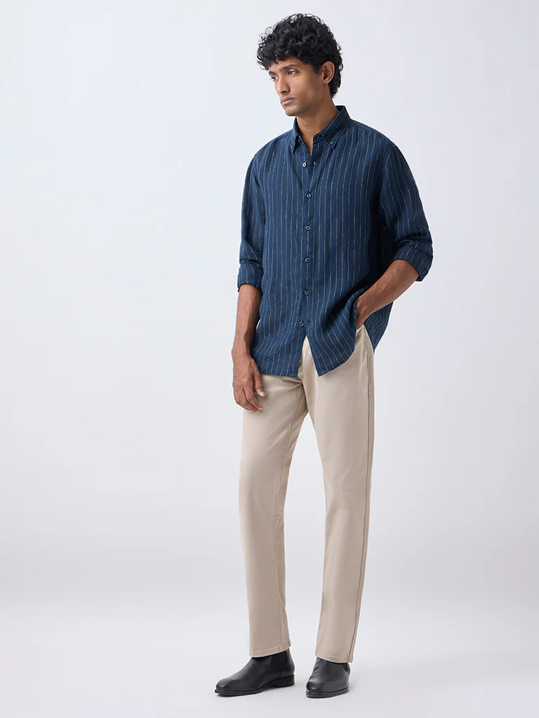 Ascot Navy Striped Relaxed-Fit Linen Shirt - Image 2