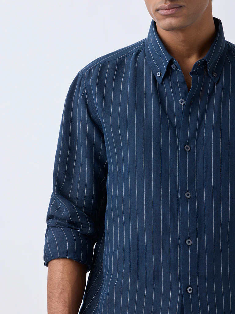 Ascot Navy Striped Relaxed-Fit Linen Shirt - Image 3