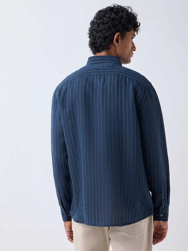 Ascot Navy Striped Relaxed-Fit Linen Shirt - Image 4