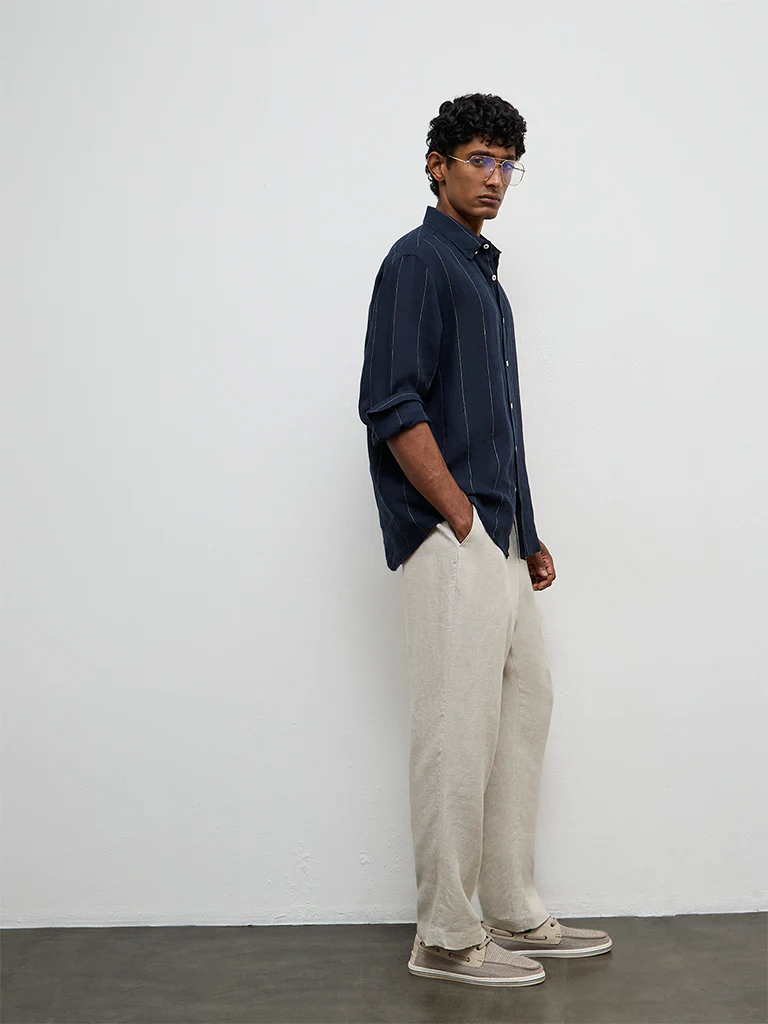 Ascot Navy Striped Relaxed-Fit Linen Shirt - Image 2