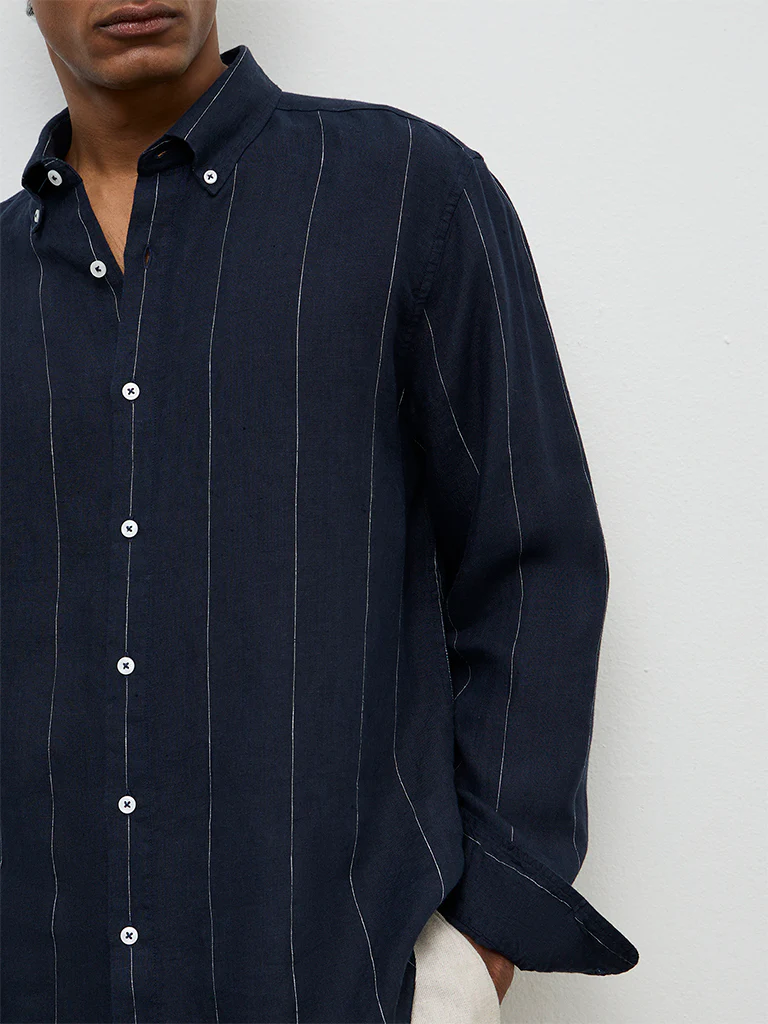Ascot Navy Striped Relaxed-Fit Linen Shirt - Image 3