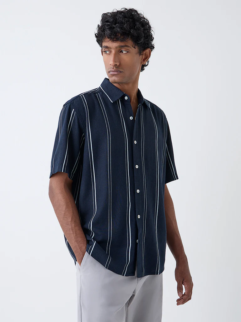 Ascot Navy Striped Relaxed-Fit Shirt - Image 2
