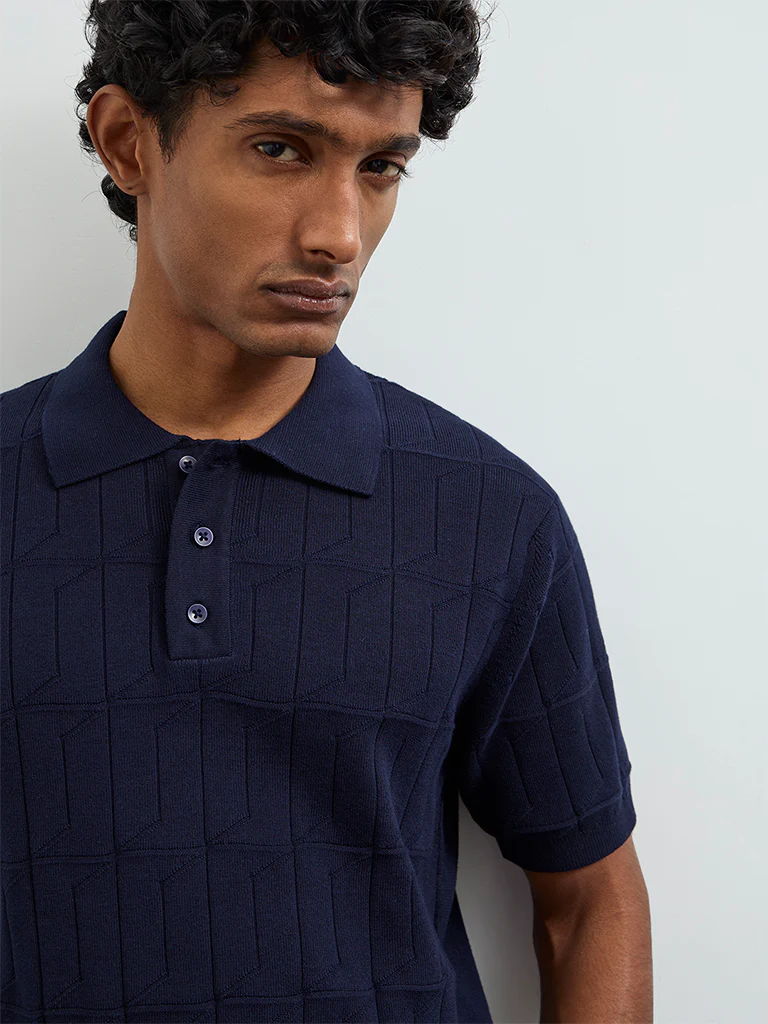 Ascot Navy Textured Relaxed-Fit Cotton Polo T-Shirt - Image 3