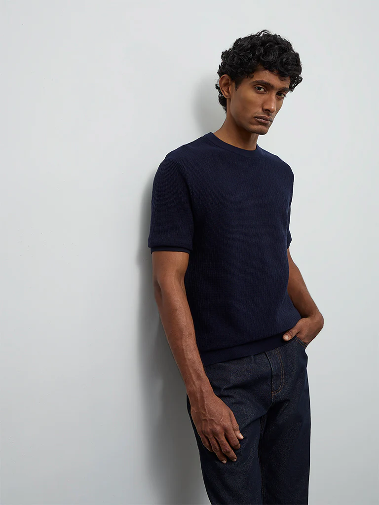 Ascot Navy Textured Relaxed-Fit Cotton T-Shirt