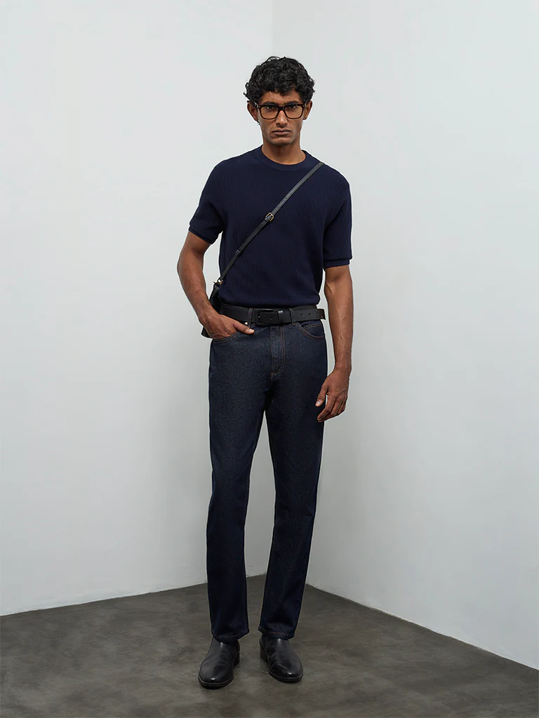 Ascot Navy Textured Relaxed-Fit Cotton T-Shirt - Image 3