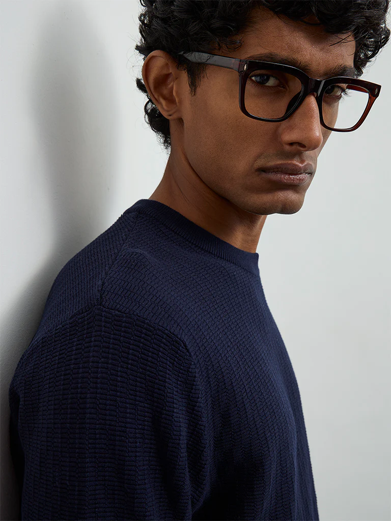 Ascot Navy Textured Relaxed-Fit Cotton T-Shirt - Image 4