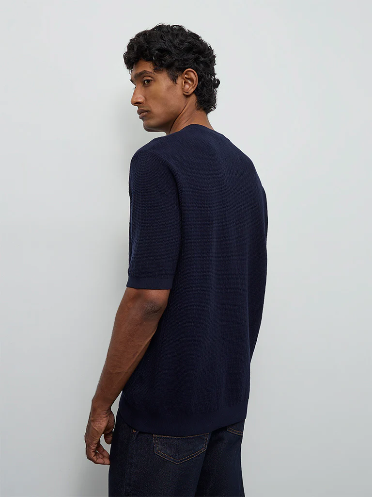 Ascot Navy Textured Relaxed-Fit Cotton T-Shirt - Image 5