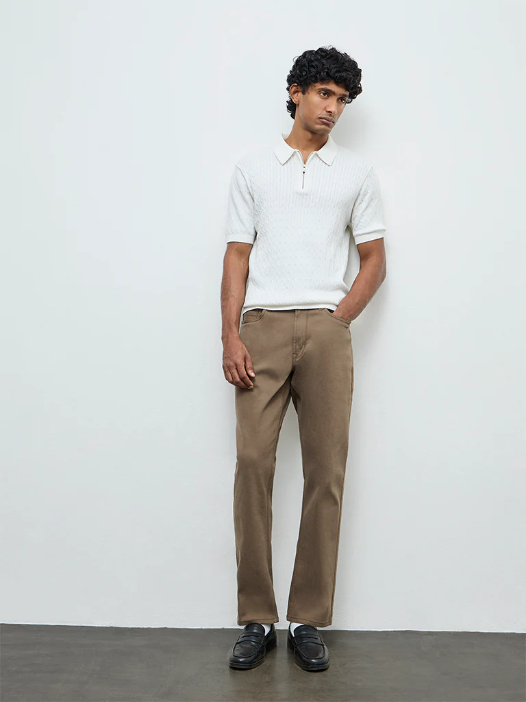 Ascot Off-White Cable-Knit Relaxed-Fit Quarter-Zip Cotton Polo T-Shirt