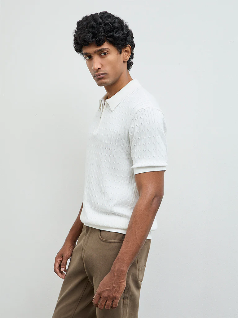 Ascot Off-White Cable-Knit Relaxed-Fit Quarter-Zip Cotton Polo T-Shirt - Image 3