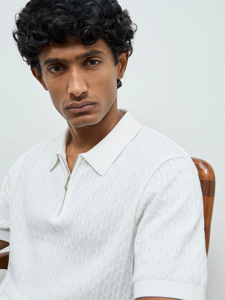 Ascot Off-White Cable-Knit Relaxed-Fit Quarter-Zip Cotton Polo T-Shirt - Image 4