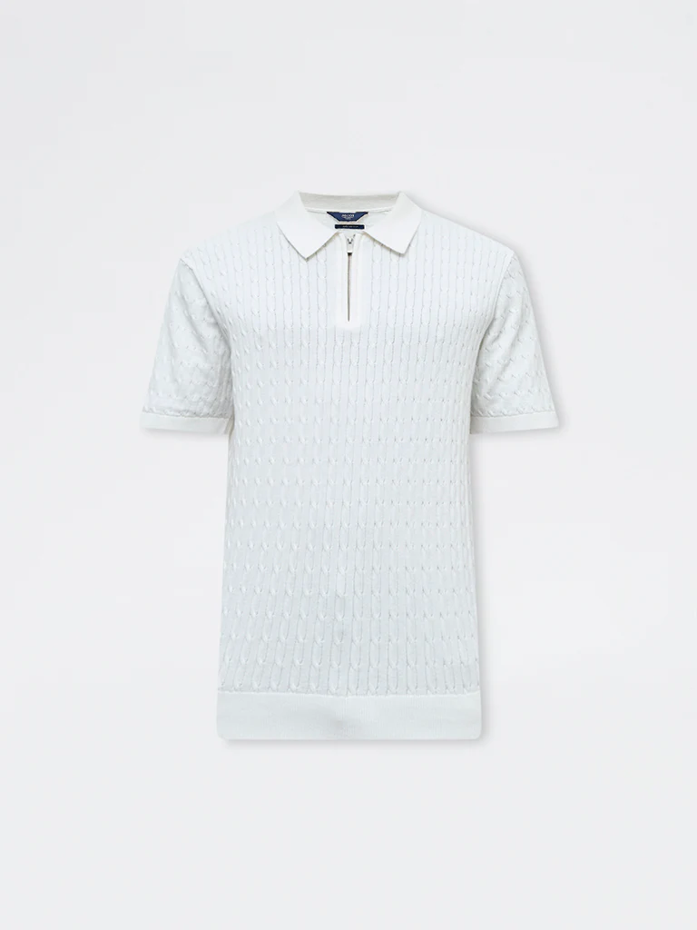 Ascot Off-White Cable-Knit Relaxed-Fit Quarter-Zip Cotton Polo T-Shirt - Image 6