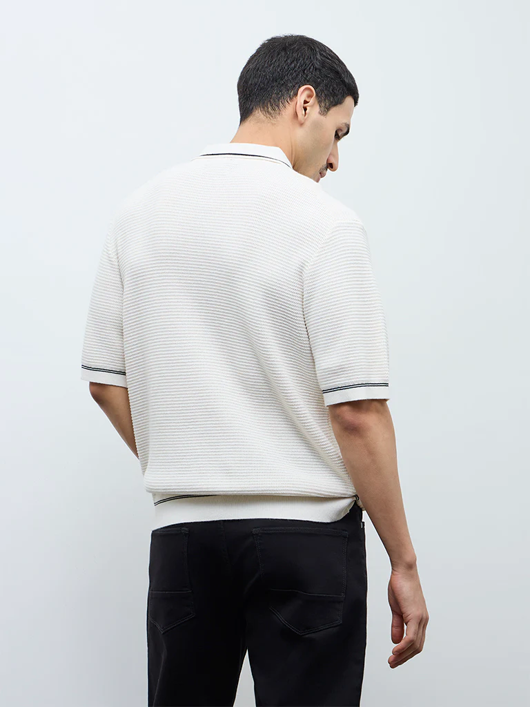 Ascot Off-White Knit-Textured Relaxed-Fit Cotton-Blend Polo T-Shirt - Image 5