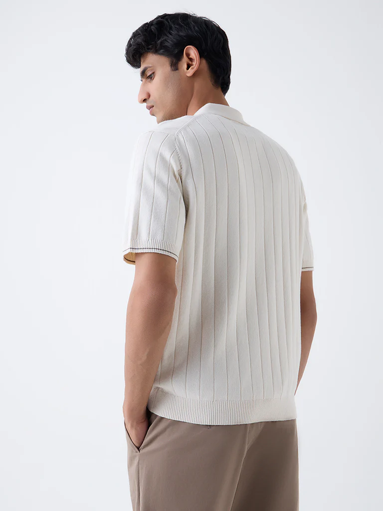Ascot Off-White Relaxed-Fit Cotton-Blend Quarter-Zip Polo T-Shirt - Image 5