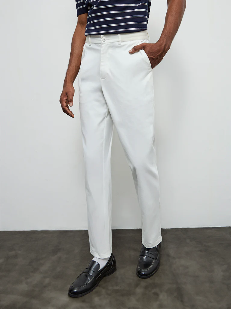 Ascot Off-White Relaxed-Fit Mid-Rise Cotton-Blend Trousers - Image 3