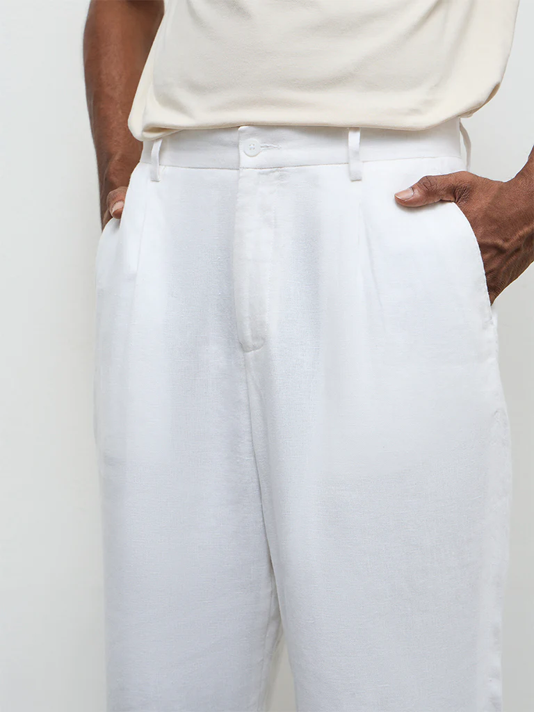 Ascot Off-White Relaxed-Fit Mid-Rise Linen Chinos - Image 4