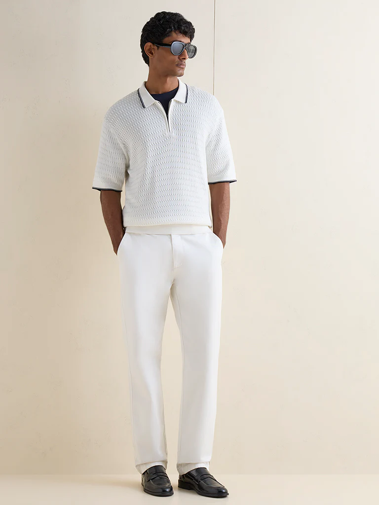 Ascot Off-White Relaxed-Fit Quarter-Zip Cotton Polo T-Shirt - Image 2