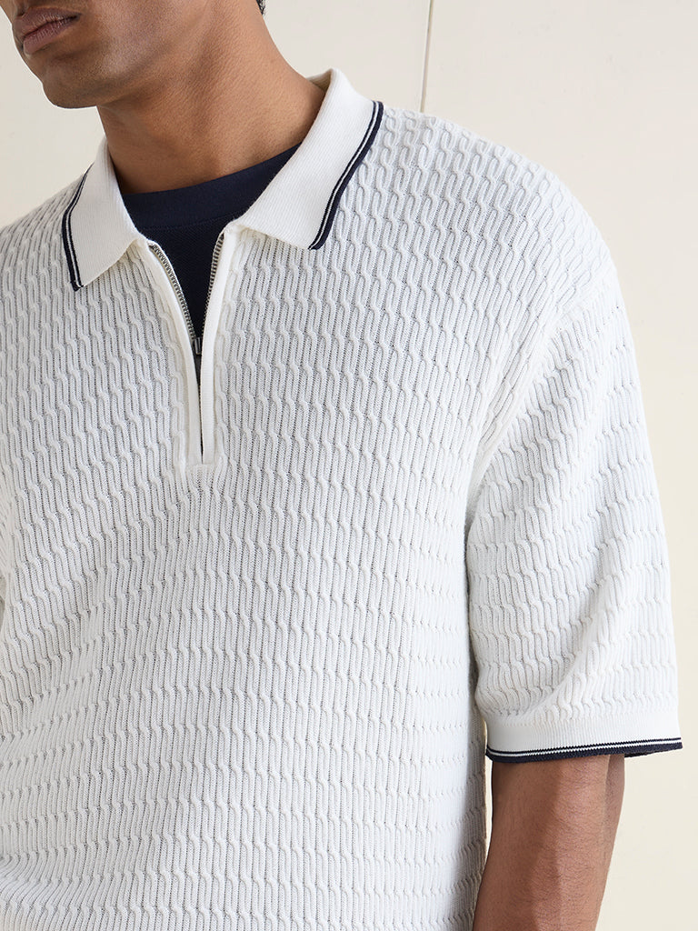 Ascot Off-White Relaxed-Fit Quarter-Zip Cotton Polo T-Shirt - Image 3