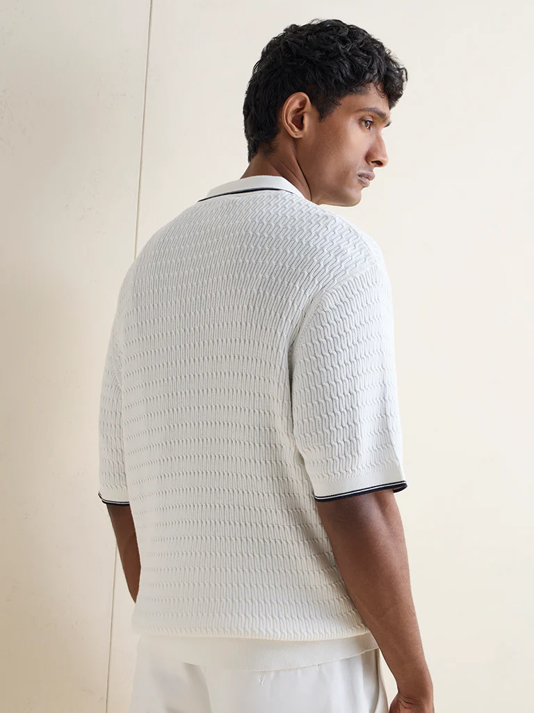 Ascot Off-White Relaxed-Fit Quarter-Zip Cotton Polo T-Shirt - Image 4