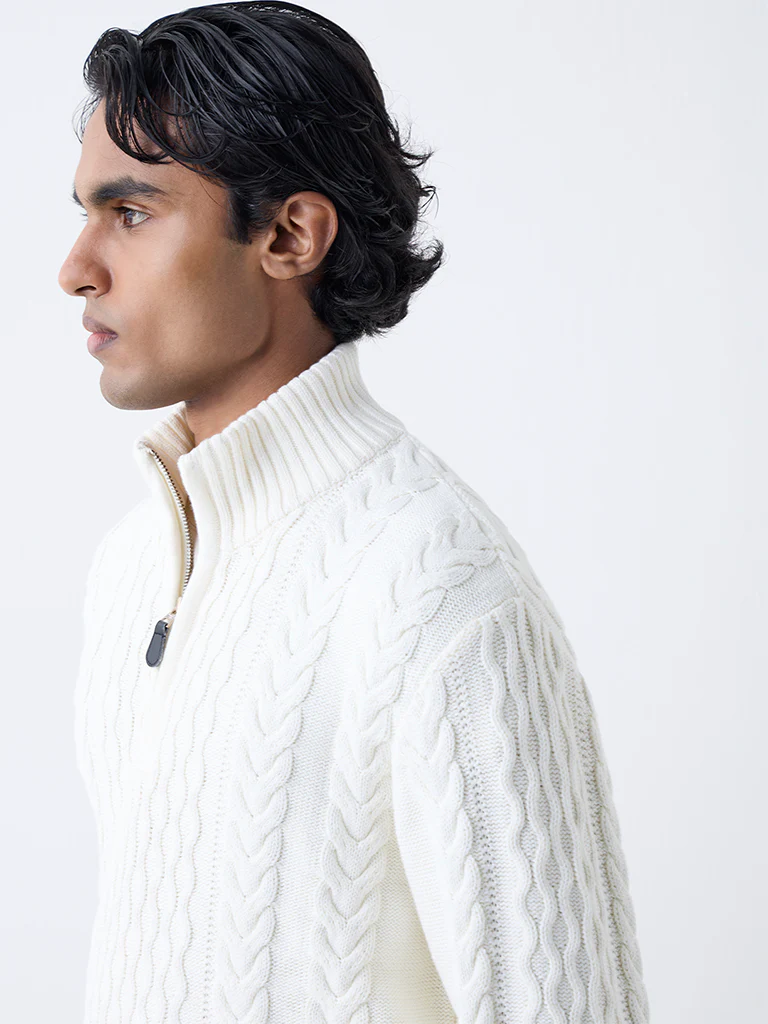 Ascot Off-White Relaxed Fit Three-Quarter Zip Sweater - Image 4