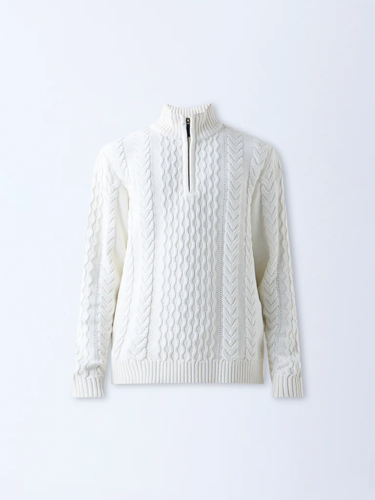Ascot Off-White Relaxed Fit Three-Quarter Zip Sweater - Image 6