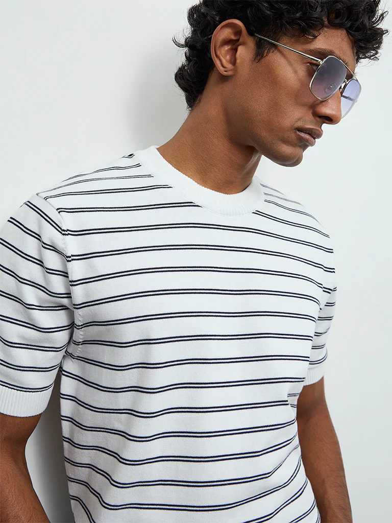 Ascot Off-White Striped Printed Relaxed-Fit Cotton-Blend T-Shirt - Image 4