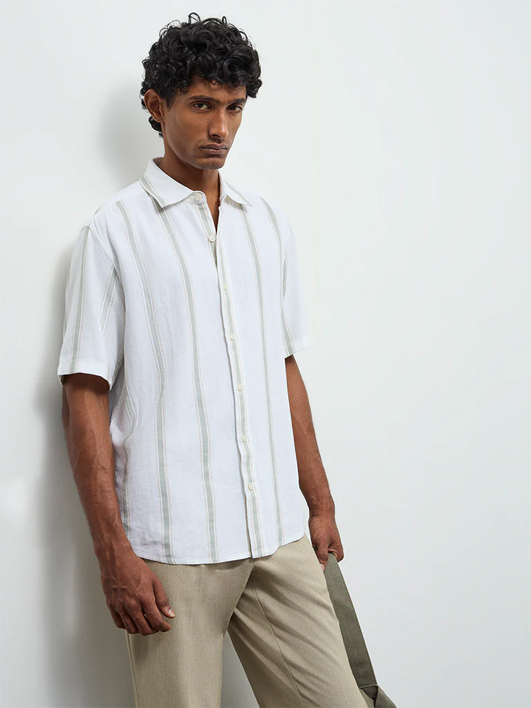 Ascot Off-White Striped Relaxed-Fit Linen-Blend Shirt