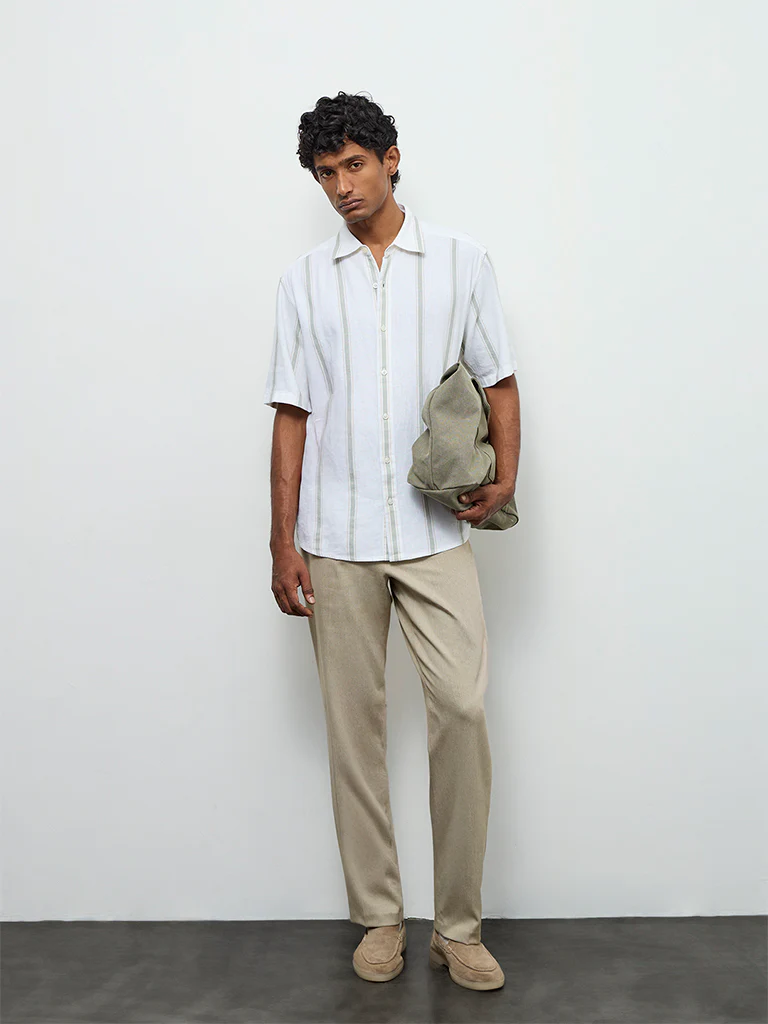 Ascot Off-White Striped Relaxed-Fit Linen-Blend Shirt - Image 2