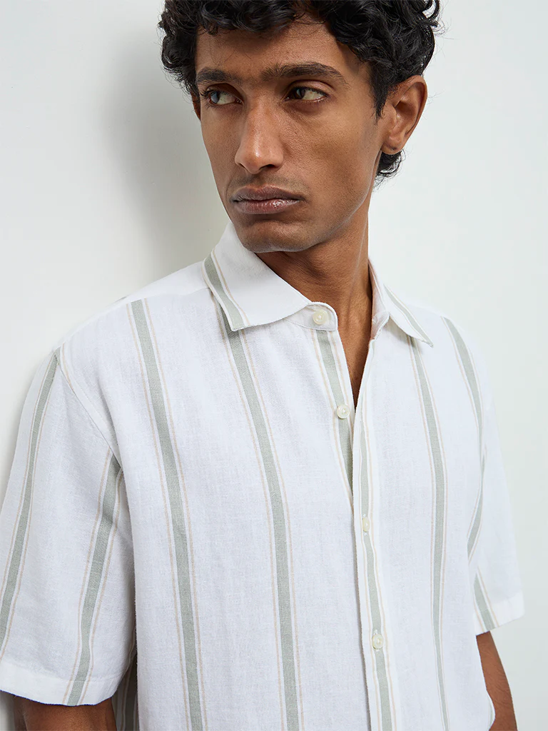 Ascot Off-White Striped Relaxed-Fit Linen-Blend Shirt - Image 3