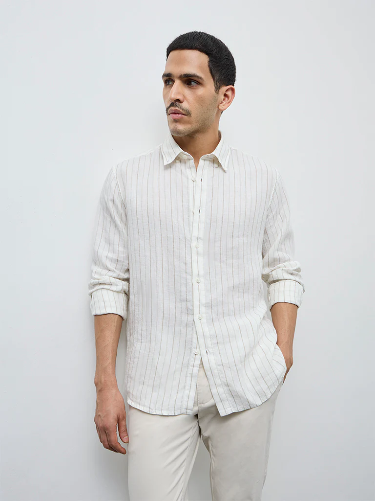 Ascot Off-White Striped Relaxed-Fit Linen Shirt - Image 2