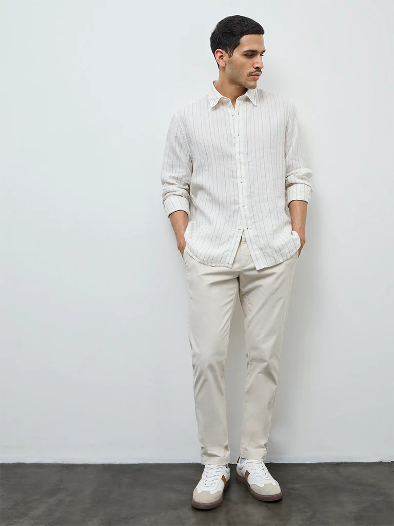Ascot Off-White Striped Relaxed-Fit Linen Shirt - Image 3
