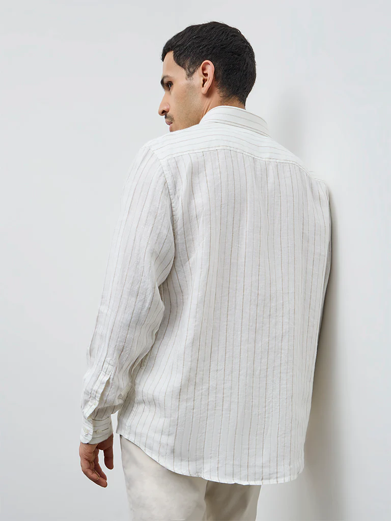 Ascot Off-White Striped Relaxed-Fit Linen Shirt - Image 4