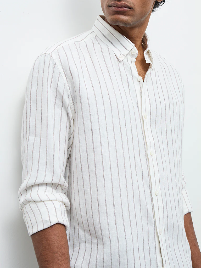 Ascot Off-White Striped Relaxed-Fit Linen Shirt - Image 3