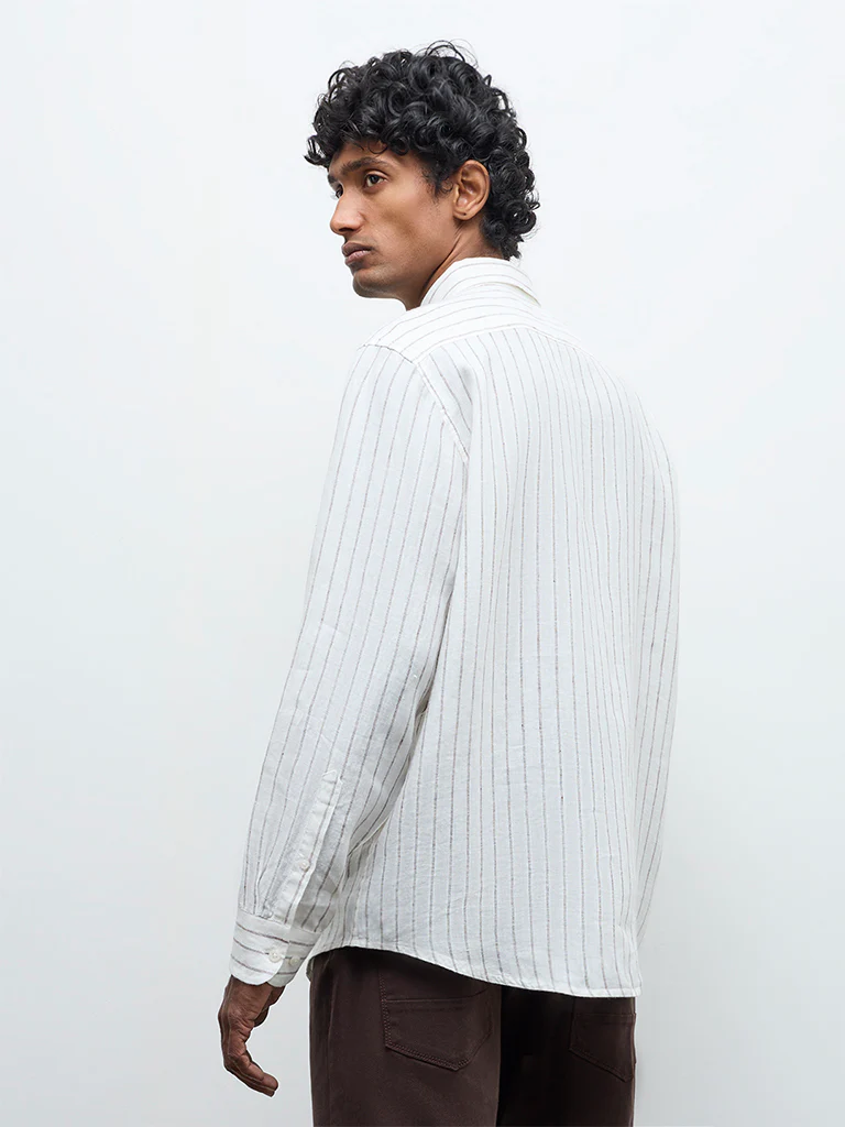 Ascot Off-White Striped Relaxed-Fit Linen Shirt - Image 4