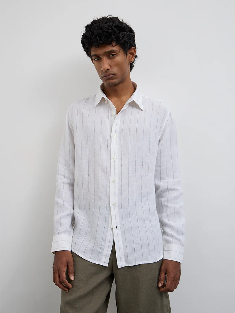 Ascot Off-White Striped Relaxed-Fit Linen Shirt - Image 2