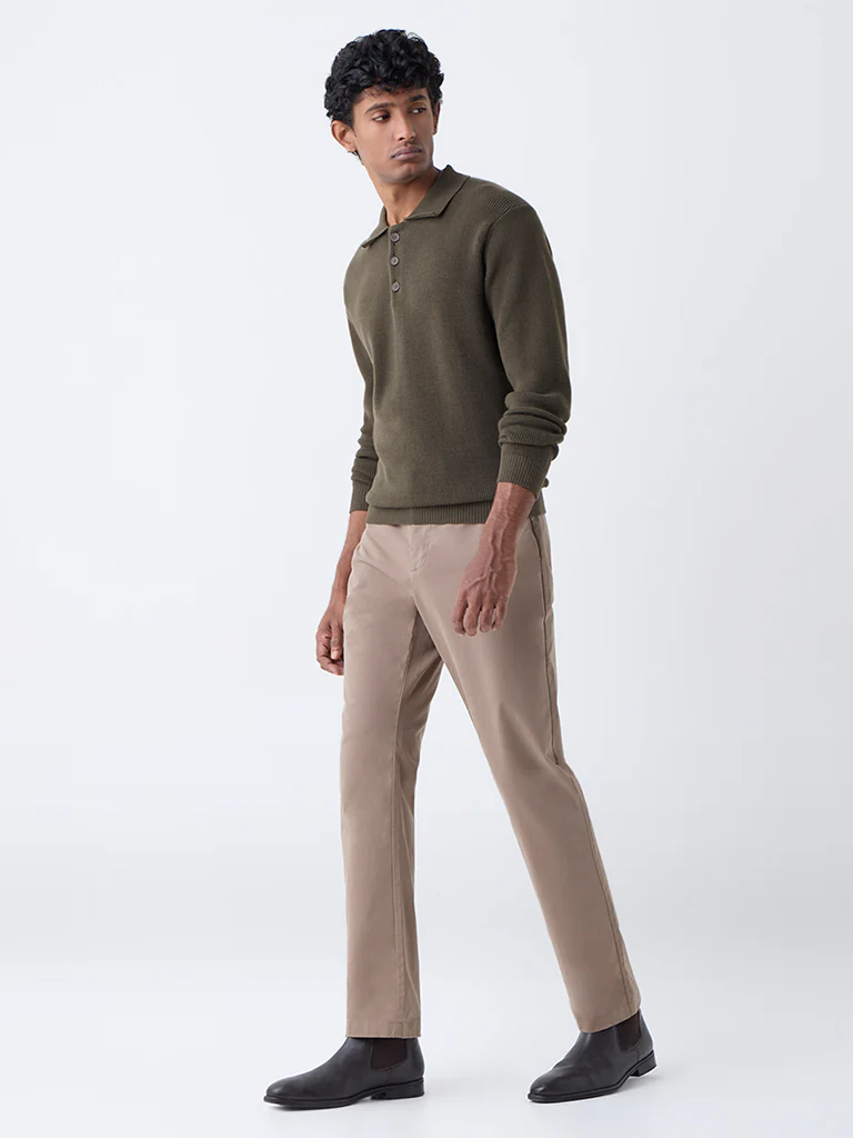 Ascot Olive Knit-Textured Relaxed-Fit Cotton Polo Sweater - Image 3