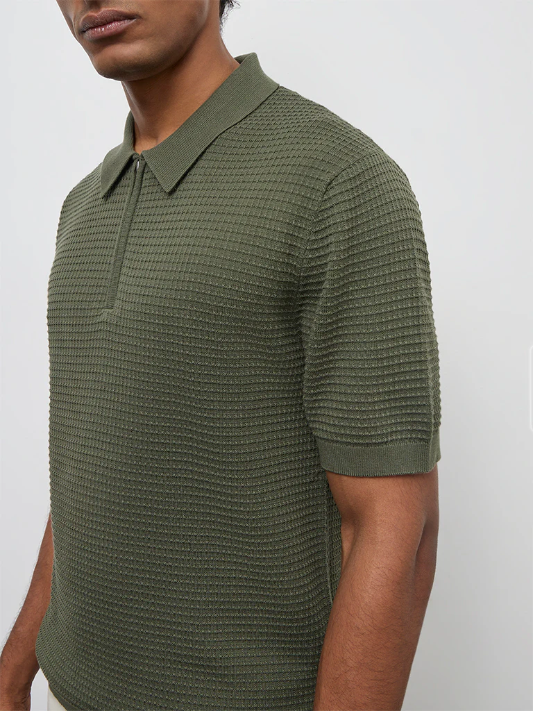Ascot Olive Knit-Textured Relaxed-Fit Cotton T-Shirt - Image 4
