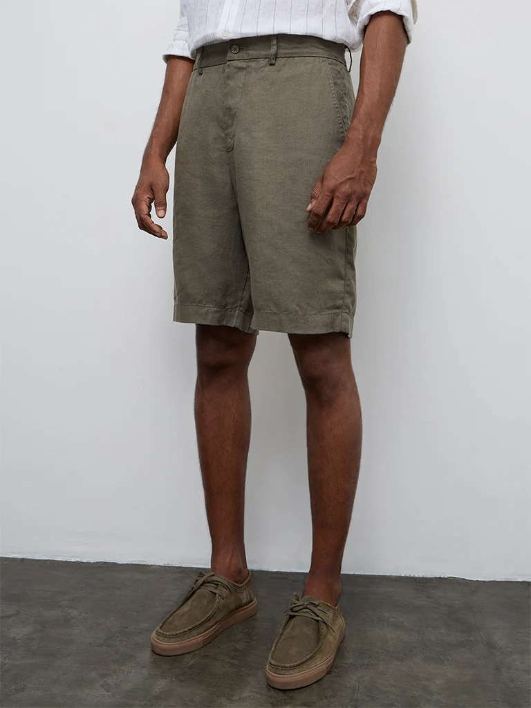 Ascot Olive Solid Relaxed-Fit Mid-Rise Linen Shorts - Image 2